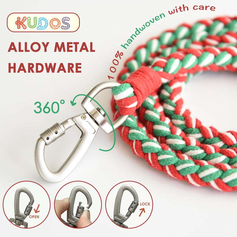 KUDOS Braided Cotton Dog Leash – Secure Lock & Comfy Handle, Handwoven Rope in Red Green White, 5.2ft Leash with Floral Accent for Small to Large Dogs, Christmas Style Holiday Cheer
