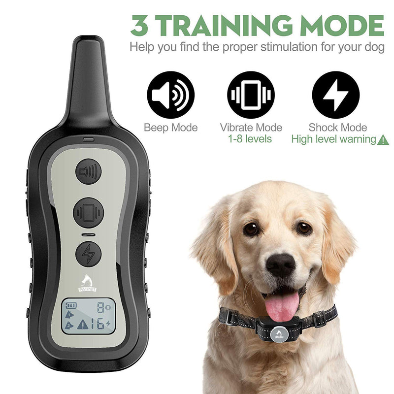 PATPET Dog Training Collar Shock Collar with Remote - 3 Training Modes, Beep, Vibration and Shock, Up to 1000 ft Remote Range, Rainproof for Small Medium Large Dogs Light grey - PawsPlanet Australia