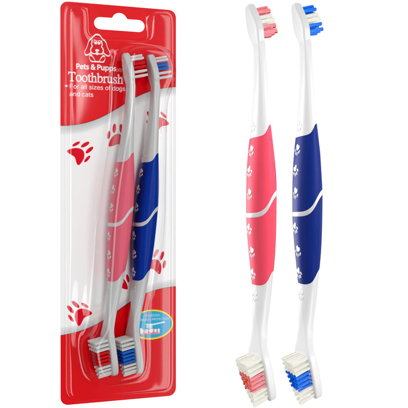 Pet Toothbrush for Dogs, Cats with Soft Bristles - Easy Teeth Cleaning & Dental Care, Non Slip Dual Head Dog Toothbrush for Medium & Large Pets, Toothpaste Not Included (Pack of 2(Blue & Pink))