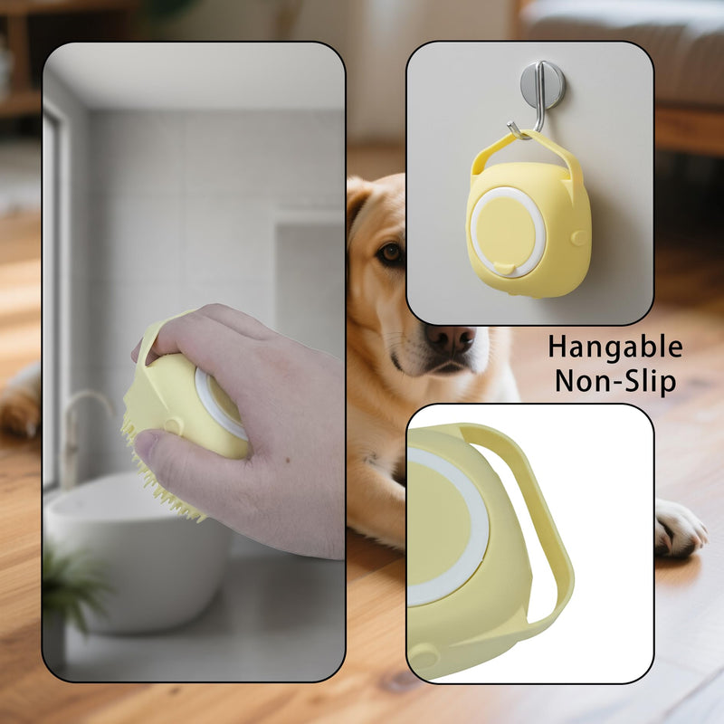 Pet Bath Massage Brush,Pet Bath Brush with Shampoo Dispenser,with Dog Grooming Comb,Suitable for Long and Short haired Dogs and Cats(Yellow)