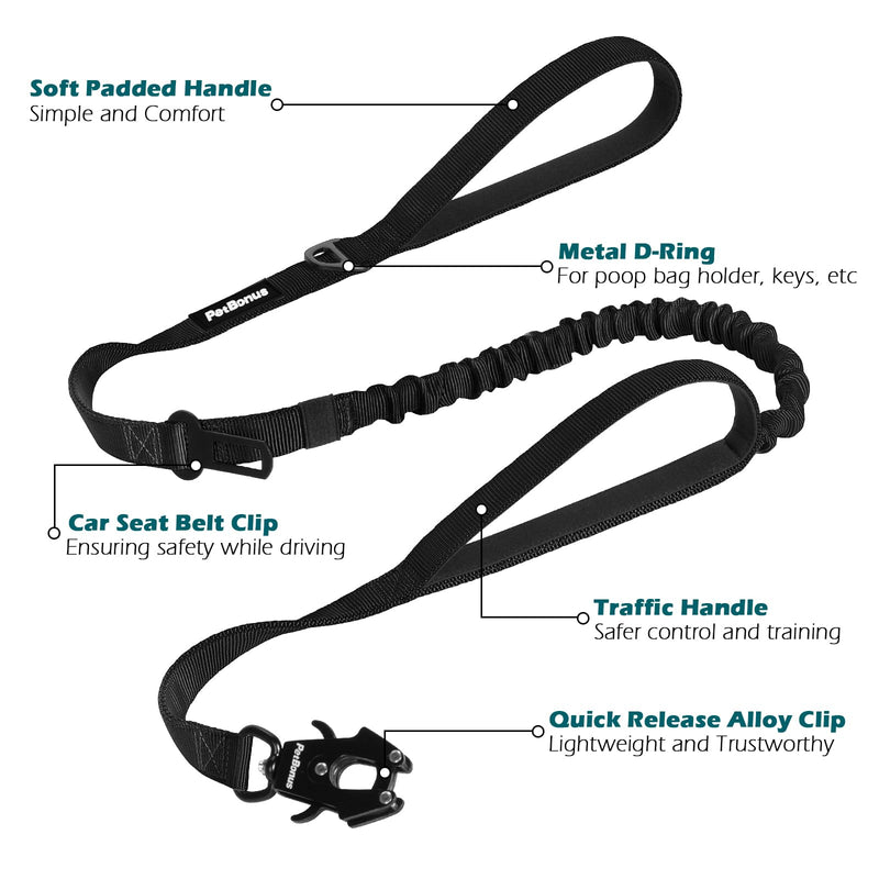PetBonus Heavy Duty Tactical Dog Lead, 150 cm Bungee Shock Absorption Lead with 2 Padded Handles, Quick Release Metal Clip, Car Seatbelt, No Pull Training Leash for Large Medium Dogs (Black) Black
