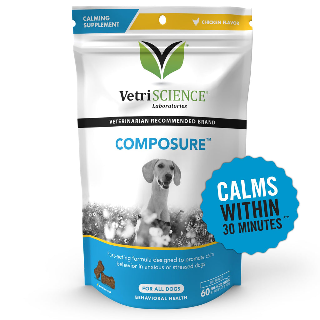 VetriScience Composure Calming Chews for Dogs - Clinically Proven Dog Anxiety Relief Supplement with Colostrum, L-Theanine & Vitamin B1 for Stress, Storms, Separation & More - 60 Count, Chicken Flavor 60 Chews