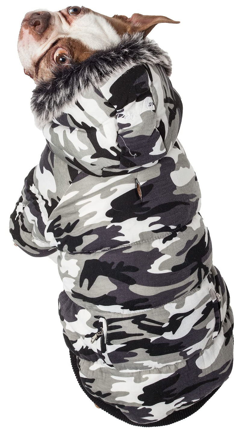 PET LIFE Classic Metallic Fashion Pet Dog Coat Jacket Parka w/ 3M Insulation and Removable Hood, Large, Deer Pattern Camo Grey - PawsPlanet Australia