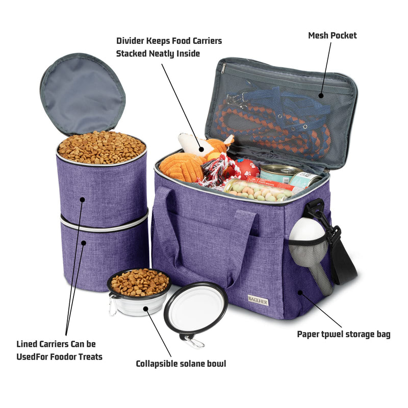 BAGLHER Dog Travel Bag Backpack Pet Supplies Backpack 5-Piece Set with Shoulder Strap 2 Lined Pet Food Containers 4 Foldable Feeding Bowls Essential Kit for Pet Travel Purple Medium - PawsPlanet Australia