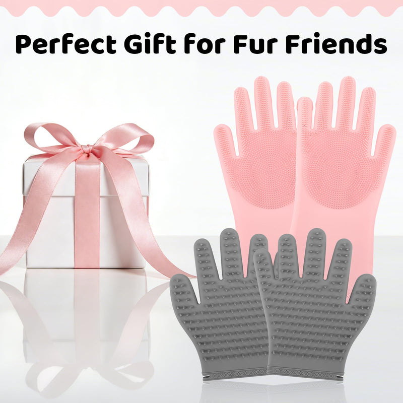 Pet Hair Remover Glove Set, Soft Silicone Dog Washing Gloves for Bathing & Deshedding, 2 Pairs of Pet Grooming Gloves for Dogs, Cats, Horses, Pink & Grey - PawsPlanet Australia