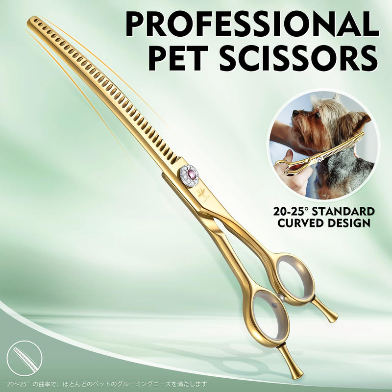 PURPLEBIRD Curved Shears Dog Grooming Chunkers, 7 inch Professional Thinning Scissors Safety Blunt Tip Trimming Scissors for Dogs Cats Face Paws Limbs Japanese Stainless Steel (Yellow) Gold Chunker - PawsPlanet Australia