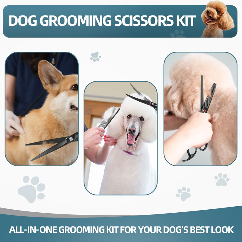 7.0" Professional Dog Grooming Scissors Kit – 3-Piece Set with Straight, Curved & Thinning Shears, Black Japanese Stainless Steel, Includes Grooming Comb for Dogs & Cats - PawsPlanet Australia
