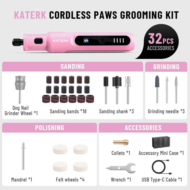Katerk Pet Dog Nail Grinder - 5 Speed Quiet Electric Dog Nail Trimmer with 360°LED Light, 2500mAh Rechargeable, 32PCS Cordless Rotary Tool for Small Medium Large Dogs & DIY Sanding, Carving (Pink) Pink - PawsPlanet Australia