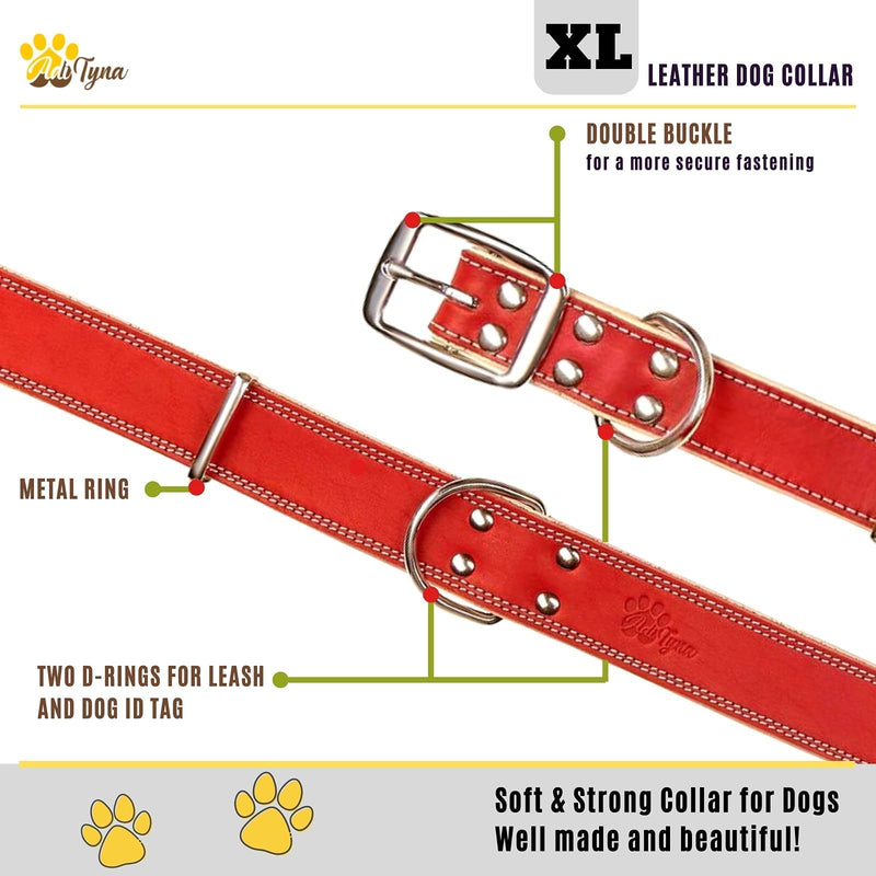ADITYNA Heavy-Duty Leather Dog Collar for Extra-Large Dogs - Soft Padded for Comfort - XL Dog Collar for Walking, Training, and Hiking Red Extra-Large: Fit 22-30" Neck - PawsPlanet Australia