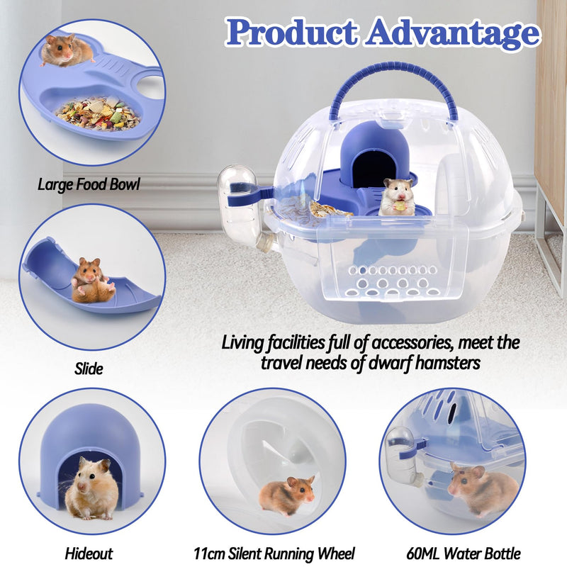 Dwarf Hamster Carrier Cage,Hamster Carrier Portable Hamster Travel Carry Case Breathable 2 Tiers with Silent Exercise Wheels,Water Bottle,Food Dish(Blue) - PawsPlanet Australia
