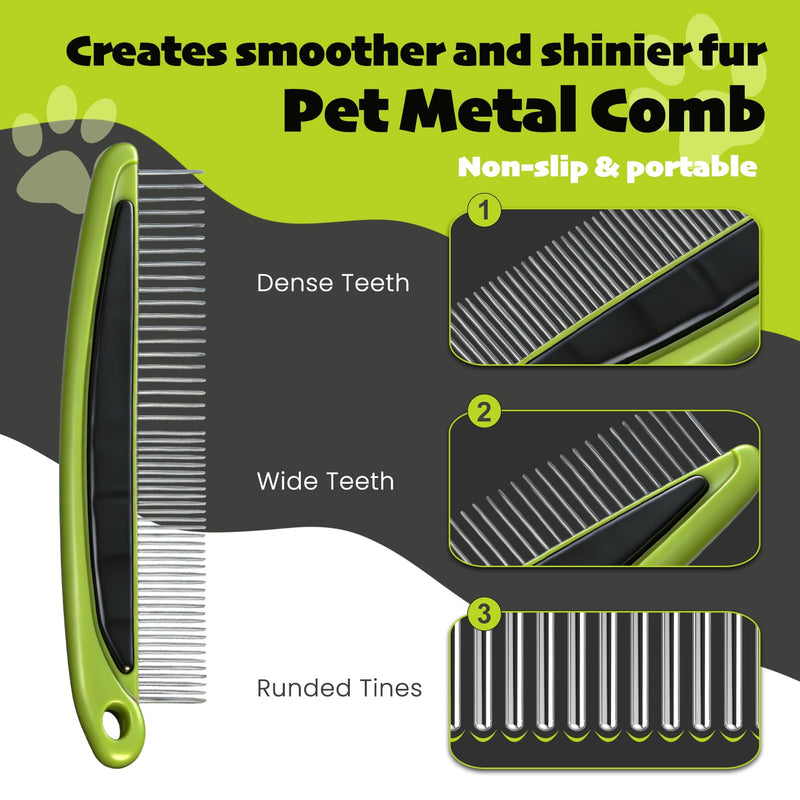 Cat & Dog Brush Set, Pet Grooming Kit with Metal Comb, Slicker Brush, Hair removal Glove for Detangling and Dematting Long, Matted Fur, Green - PawsPlanet Australia