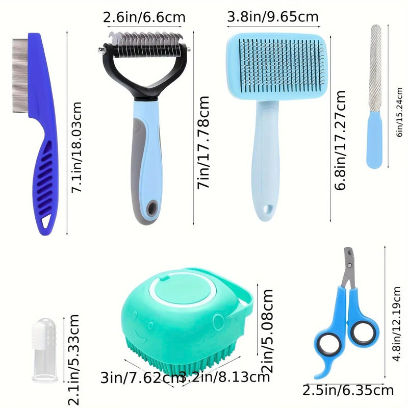 8-piece dog brush grooming set, pet self-cleaning set, with pet nail clippers and files, flea comb, pet shampoo bath brush, Pink and Blue colour variation set (Blue)