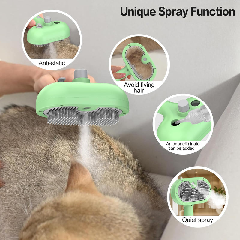 Self-Cleaning Electric Cat and Dog Grooming Brush With Wash-Free Essence - Removes Static Flying Hair, Easy To Clean Steam Brush for Pets light green