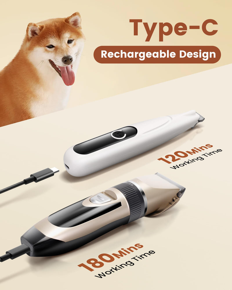 2 in 1 Dog Grooming Kit, Low Noise Rechargeable Dog Clippers for Grooming, Cordless Dog Grooming Clippers and Dog Paw Trimmer, Dog Shavers for Grooming Small Dogs Cats Animals Gold