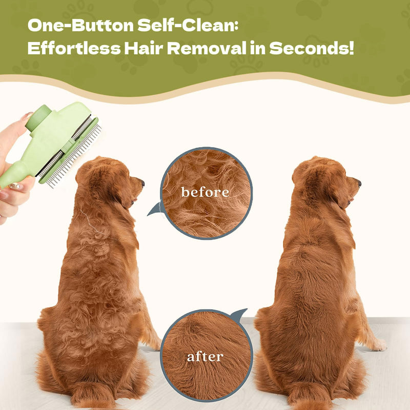 TerraKin 2-Pack Flea Comb for Dogs & Cats, One-Click Self-Cleaning Pet Grooming with Release Button, Long & Short Stainless Steel Teeth for Deshedding, Removing Fleas & Massaging,Green Green