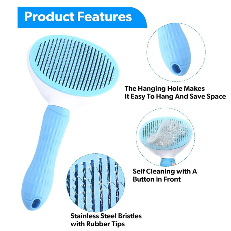 Self Cleaning Pet Slicker Brush, One-Press Release Button Pin Brush for Cats/Rabbits, Long Haired Shedding Grooming Comb, Cat Dander Brushes for Long Hair with Hair Removal Gloves (Blue) Blue - PawsPlanet Australia
