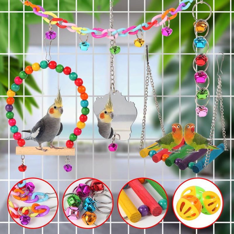 Bird Toys for Parakeets, Parrots, Conures, Cockatiels, Love Birds, Finches, Mynah, Budgerigar - 9Pcs Wooden Ladder Bridge, Swing, Hammock, Cage Accessories - PawsPlanet Australia