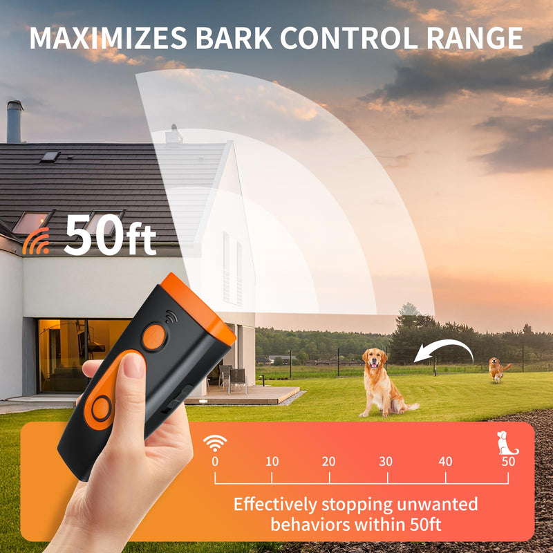 Ultrasonic Dog Bark Deterrent Device - 3X Sonic Emitters, 50ft Range | 6 Adjustable Modes w/Beep & Flashlight | Rechargeable, Safe for Small/Medium/Large Dogs | Indoor & Outdoor Use