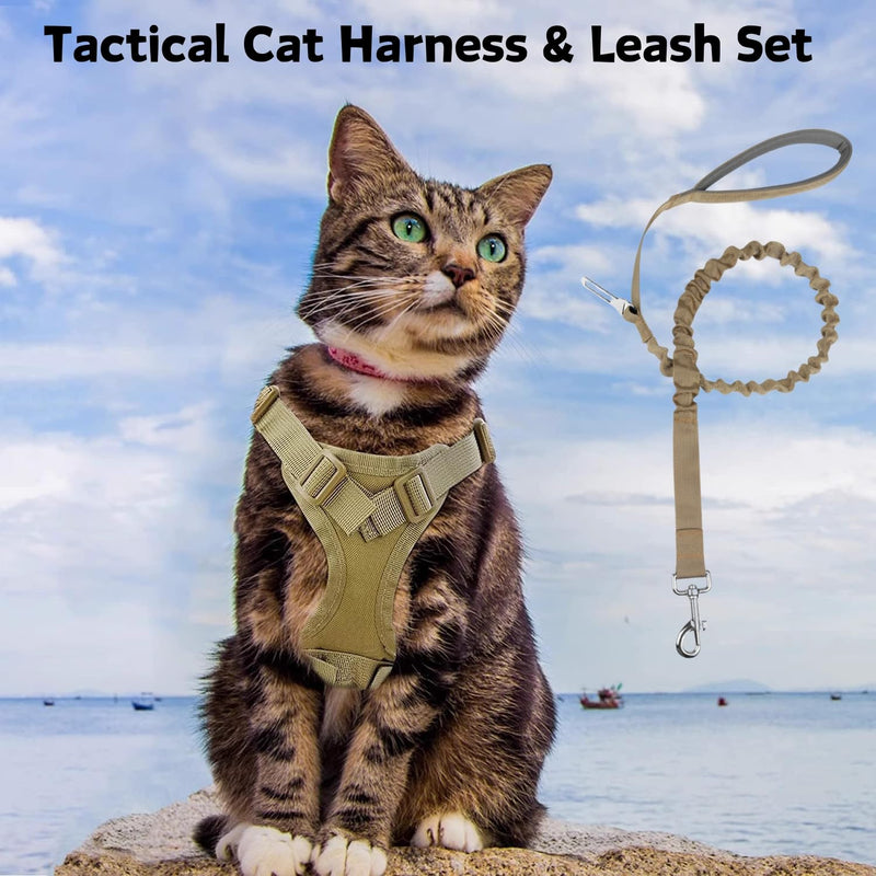 Tactical Cat Harness and Leash Set for Walking Escape Proof Adjustable Large Cat Vest Harness with Patches Soft Mesh Padding Rubber Handle Easy to Control (Khaki Harness & Leash) Khaki Harness & Leash - PawsPlanet Australia