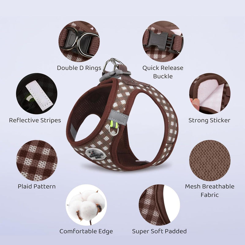 Soft Mesh Dog Harness and Leash Set, Step-in Escape Proof Vest Harnesses, Reflective Breathable Pet Harness Adjustable Plaid Pet Outdoor Harnesses for Small and Medium Dogs, Chocolate M - PawsPlanet Australia