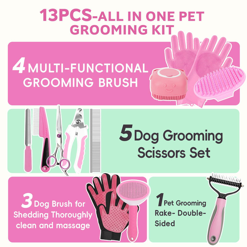 13Pcs Pet Grooming Kit - Dog Cat Deshedding Brush, Nail Clippers with File, Hair Remover Gloves & Bath Tools for Long/Short Haired Pets, Grooming Tool for Long and Short Haired Pets Pink 13pcs - PawsPlanet Australia
