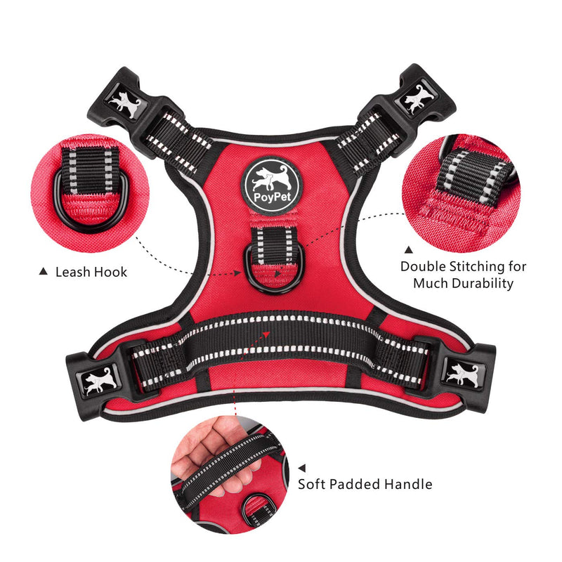 PoyPet 2019 Upgraded No Pull Dog Harness with 4 Snap Buckles, 3M Reflective with Front & Back 2 Leash Hooks and an Easy Control Handle [NO Need Go Over Dog’s Head (Red,M) Medium Red - PawsPlanet Australia
