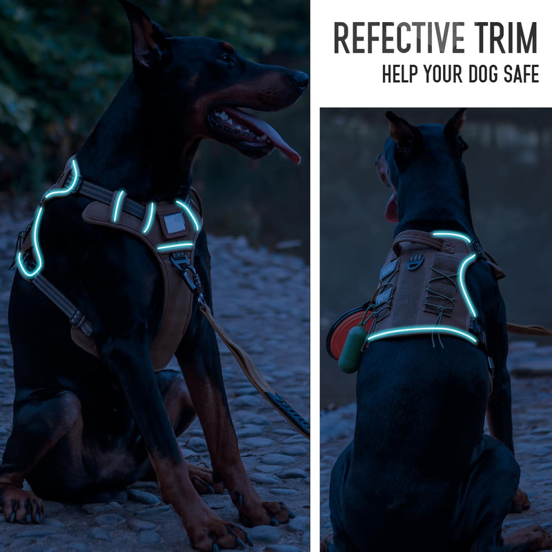 Tactical Dog Harness for Medium & Large Dogs, Brown Adjustable No-Pull Control with Handle, Heavy Duty Reflective Vest - Size XL Army Brown - PawsPlanet Australia