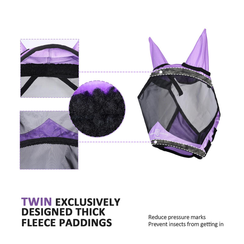 Harrison Howard Pro Luminous Horse Half Face Fly Mask Large Eye Space with Ears UV Protection for Horse Gentle Lavendar XL - PawsPlanet Australia