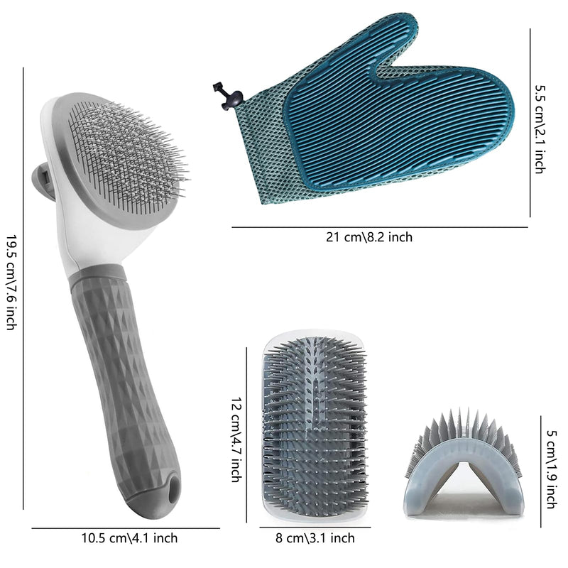 4-Piece Cat Grooming Set: Self-Cleaning Slicker Brush, Brush Glove, and 2 Wall Scratchers for Shedding, Detangling, and Relaxing Care for Cats with All Fur Types.