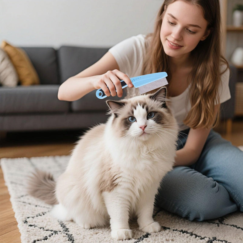 Pet Grooming Comb Set, 2-Piece Metal Tooth Flea and Dematting Combs with Rubber Handle for Dogs and Cats - PawsPlanet Australia