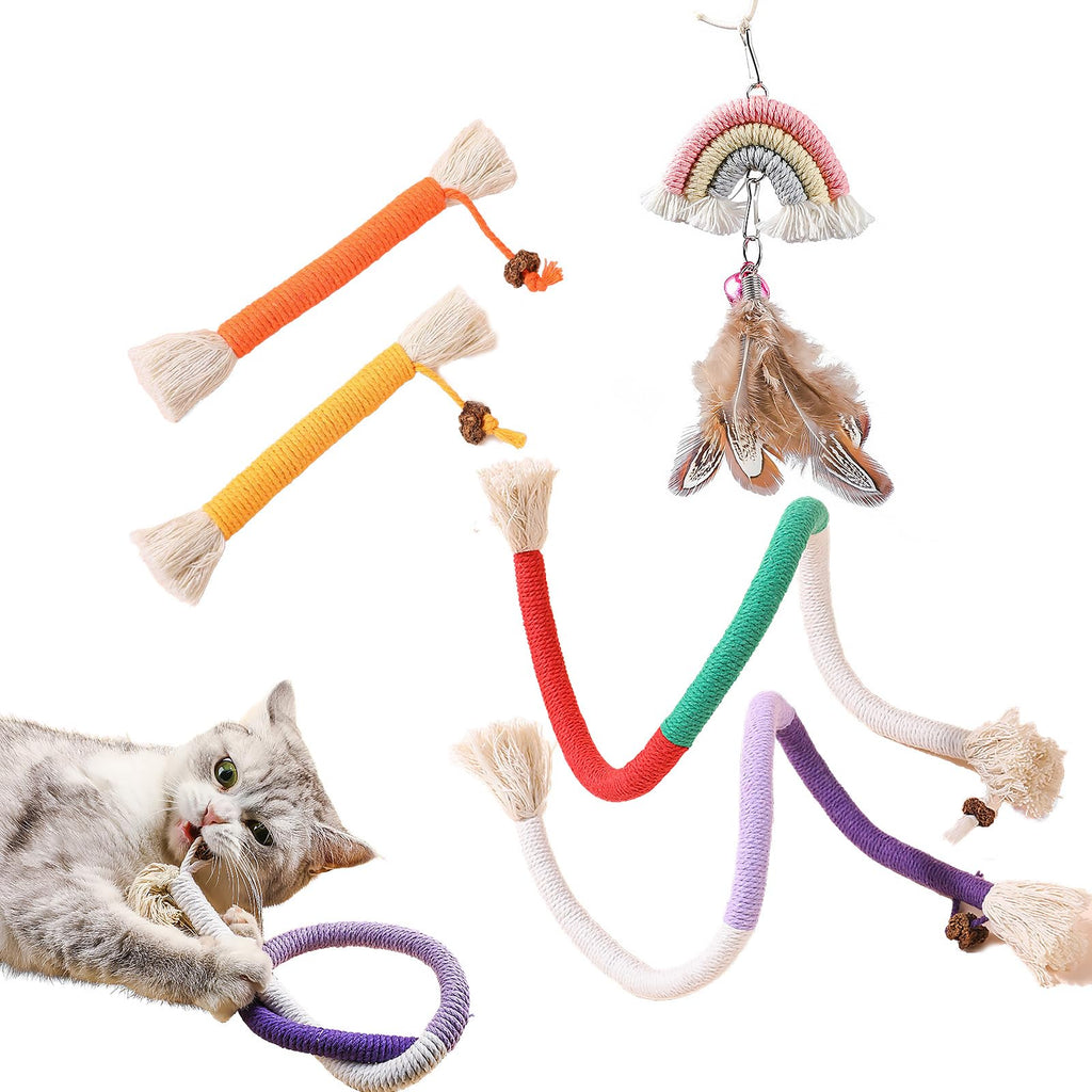 Cat Chew Toys 5 Piece Set, Indoor Interactive Teasing Cotton Rope Feather Toys, Safe Dental Cleaning and Teething Toys for All Cats