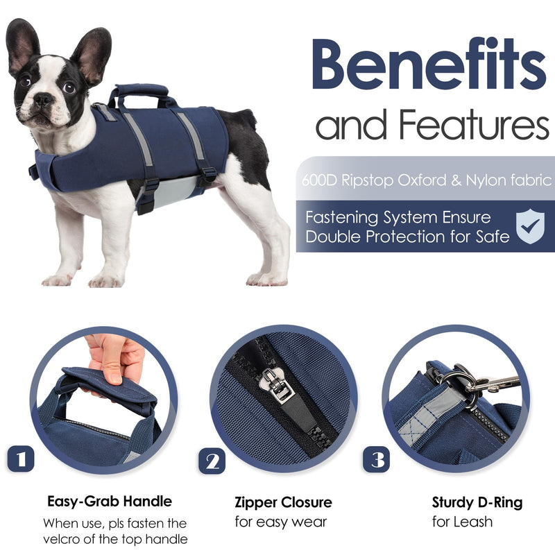 AOFITEE Small Dog Life Jacket, High Buoyancy Dog Life Vest for Swimming, XS Puppy Swimming Vest, Reflective Dogs Swimsuit with Back Zip and Rescue Handle, Pet Lifesaver for Small Medium Large Dogs X-Small Blue - PawsPlanet Australia