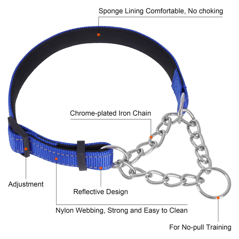 1 PC Pet Martingale Dog Collar with Stainless Steel Chain No Slip Dog Collar Reflective Nylon Adjustable Collar for Puppy Medium Large Dogs (Blue, M)