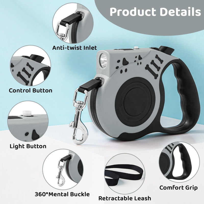 16FT Retractable Dog Leash with LED Flashlight for Night Walking, USB Rechargeable Hands-Free Leash for Small Medium Dogs, Automatic Locking & Extending, Grey - PawsPlanet Australia