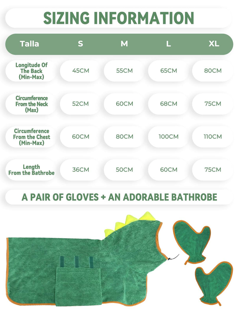 JOLOVE Dog Drying Coat Super Absorbent Dog Towels for Drying Dogs for After Bath Soft Dog Drying Towel Adjustable Dog Bathrobe for Bath, Swim, Wet Walk (Green Dinosaur, L) Green Dinosaur - PawsPlanet Australia