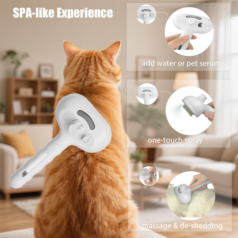 Cat Steam Brush, 3 - in - 1 Dog Brush for Shedding - Grooming Tool for Long & Short Hair Pets Cleaning & Massage, Rechargeable Spray Hair Removal Comb With Tube, Quiet Design ≤36dB (White) White - PawsPlanet Australia
