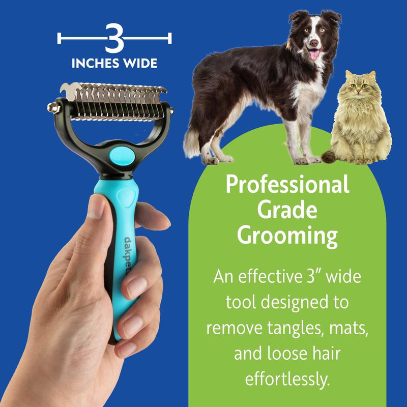 DakPets Pet Grooming Brush. Extra Wide, Double Sided Dematting Undercoat Rake for Dogs and Cats. Reduce Dog and Cat Shedding by 95%, Blue