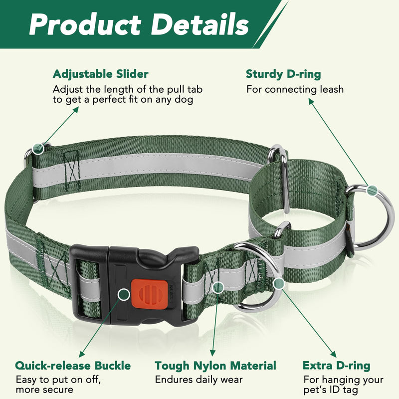Mayerzon 1.5" Wide Reflective Martingale Collar for Large Dogs, Patented No Pull Heavy Duty Walking Training Dog Collar for Pitbulls German Shepherds, with Buckle, 2 D-Rings, Adjustable (Green, L) Green L: 16.5" - 20.75" - PawsPlanet Australia