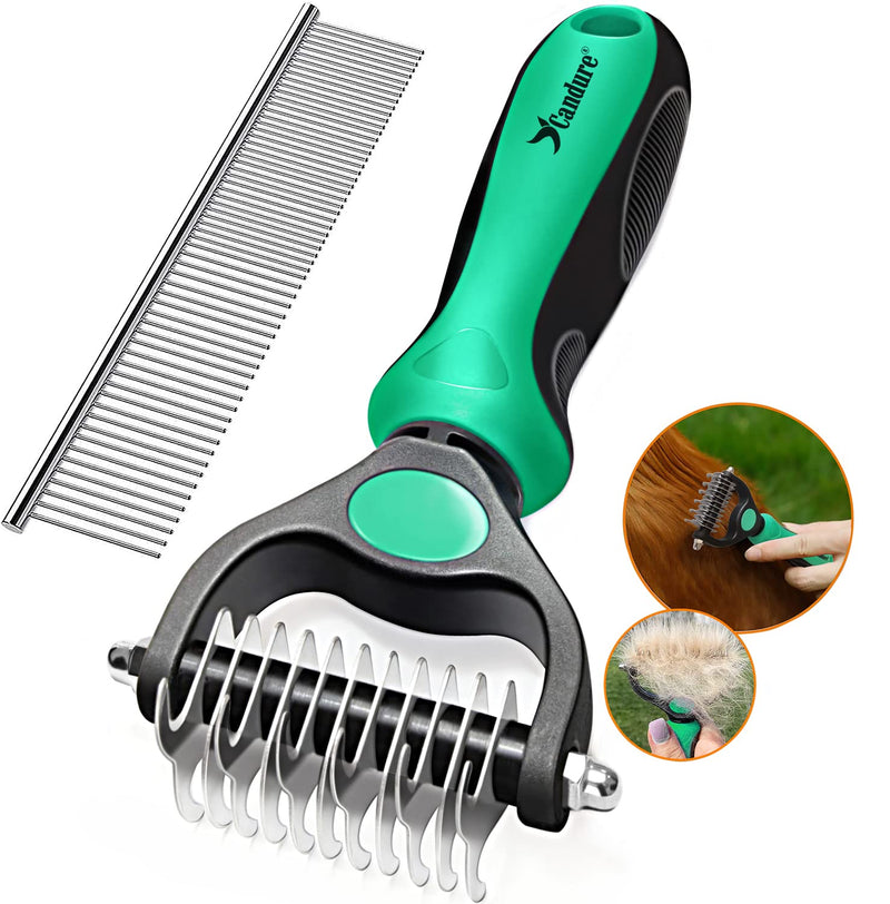 Candure Pet Friendly Double-Sided Dematting Undercoat Rake and Comb for Effective Hair Removal and Shedding Control in Dogs & Cats (Small, Green) Small - PawsPlanet Australia