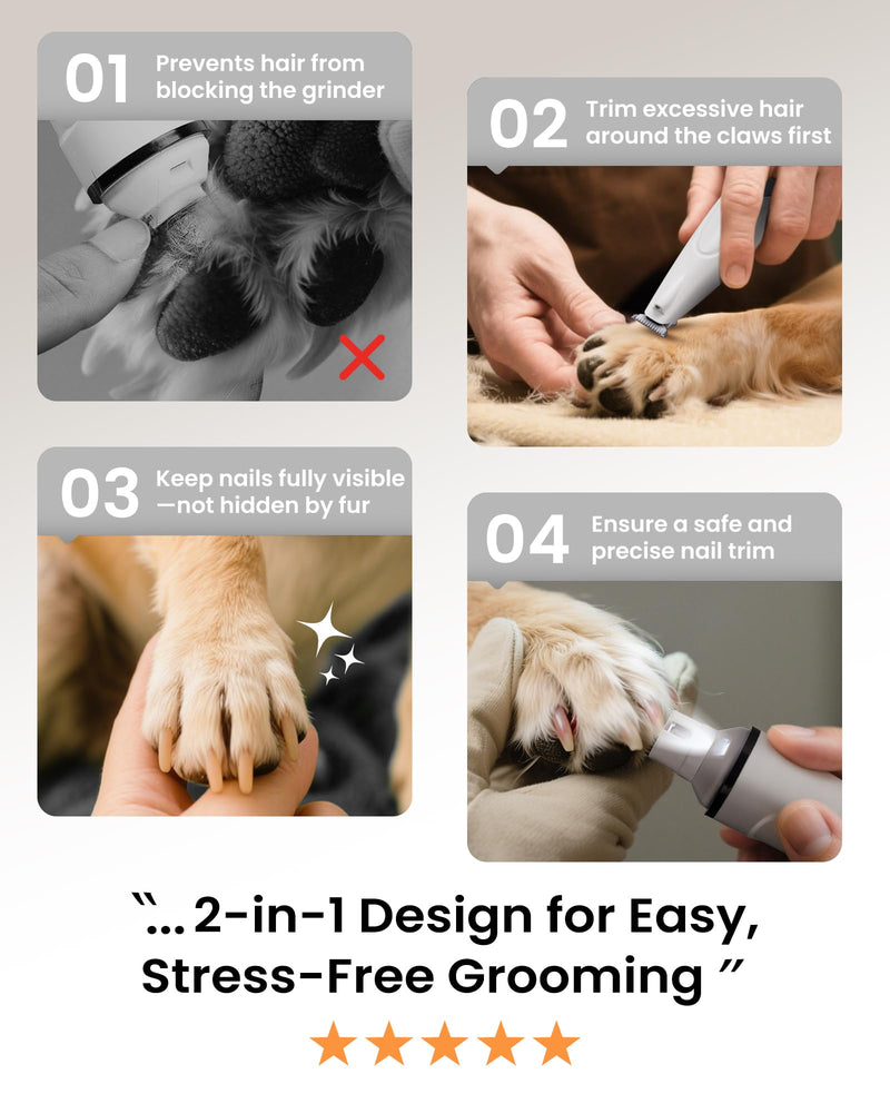 2 in 1 Dog Nail Grinder Quiet and Dog Paw Trimmer, Powerful Painless Electric Dog Nail Trimmers for Large Medium Small Dogs, Rechargeable Cordless Dog Hair Clippers for Paws, Ears, Eyes, Rump White - PawsPlanet Australia