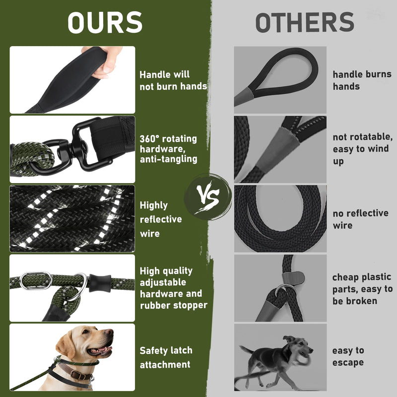 Slip Lead for Dogs, No Pull Training Leash with Double Comfortable Handles and Collar Attachment, Highly Reflective Strong Puppy Rope Leads for Medium Large Dog, Armygreen 13mm*1.8m