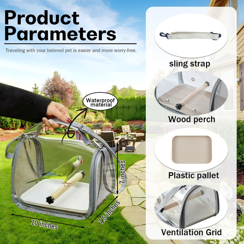 Portable Bird Travel Carrier with Breathable Mesh Windows Hands Free Parrot Backpack for Vet Visit Shopping Hiking, Clear View Small Pet Cage with Easy Clean Removable Tray and Perch Gray