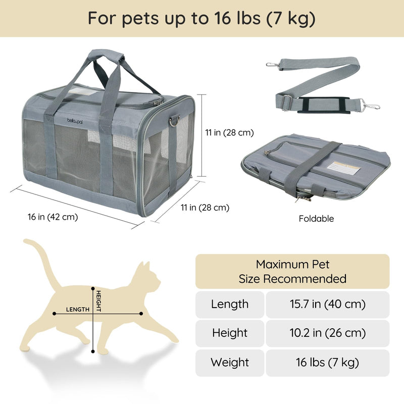 BELLA & PAL Cat Carrier Travel Bag, Airline Approved Lightweight Cat Carrier, Soft Sided Pet Carrier for Puppy Dogs Up to 18lbs, Collapsible Kitten Bag with Removable Waterproof Mat, Ventilated Mesh 16.5"L x 11"W x 11"H Grey - PawsPlanet Australia