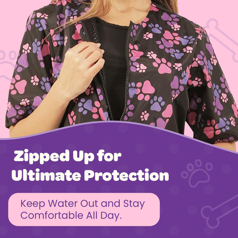 Ladybird Line 725 Pink Purple Paw Waterproof Grooming Smock, Hair Bleach Resistant, Solid Black Back, Adjustable Back Belt Medium - PawsPlanet Australia