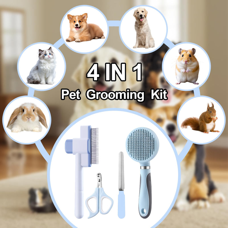 Cat Grooming Kit, 4-in-1 Cat Grooming Tools with Cats Brush, Flea Comb, Nail Clipper & Trimmer - Deshedding & Dematting for Pets Hair and Paws, Pet Shedding Set for Indoor Dogs & Cats (Blue) Blue - PawsPlanet Australia