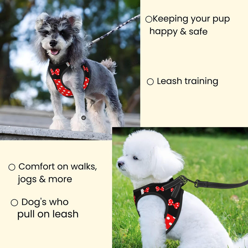 Red Black Polka Dot Bow No Pull Dog Harness and Leash Set, Reflective Vest for Small Dogs Adjustable, Cute Breathable Mesh Puppy Harness for Walking Leash Training,Small Red Black Polka Dot Bow S(Chest:14"-17") - PawsPlanet Australia