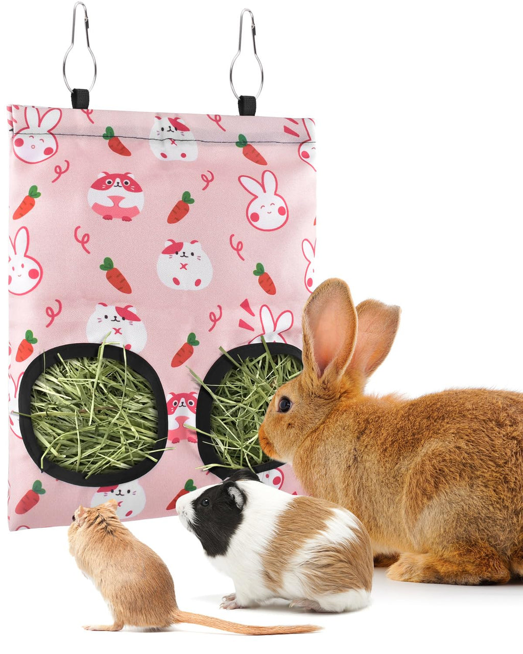 Bissap Rabbit Hay Feeder Bag, 2 Holes Hanging Hay Feeder Guinea Pig Hay Bag for Rabbits Bunny Chinchillas Hamsters Rats and Other Small Pets Small Animal - S (Pink) 2 Holes- Pink