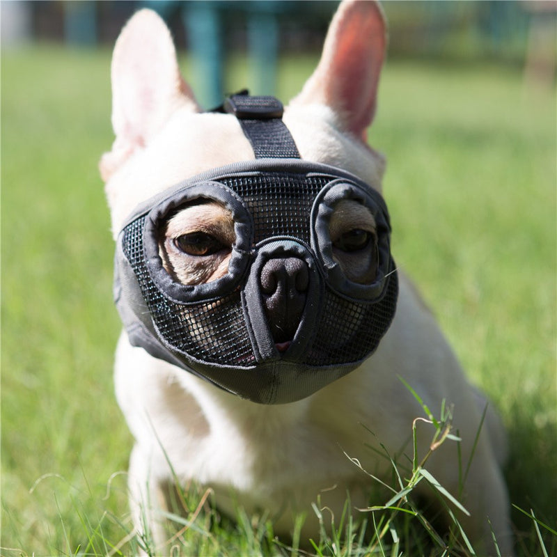 Short Snout Dog Muzzle- Adjustable Breathable Mesh Bulldog Muzzle for Biting Chewing Licking Grooming Dog Mask,Grey(Eyehole) S Small/9"-12" Grey(Eyehole)