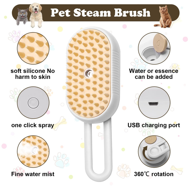 3-in-1 Cat Steam Brush for Shedding, Massaging & Grooming, Rechargeable, Misty Brush for Cats & Dogs, White, 3 Count - PawsPlanet Australia