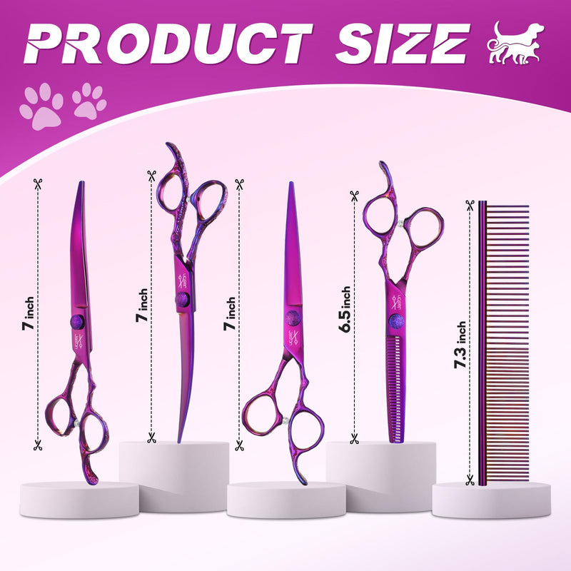 JASON Dog Grooming Scissors Set - Professional 6 in 1 Dog Shears Kit - 6.5" Thinning, 7" Straight, 7" Up-Curved, 7" Down-curved Scissors and Comb for Dog Cat Pet with Adjustable Screw (Purple) Purple - PawsPlanet Australia